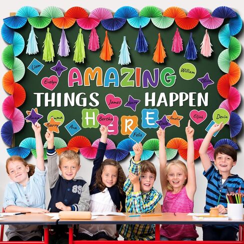 Qilery 86 Pcs Classroom Bulletin Board Decoration Amazing Things Happen Here Bulletin Board Cutouts Paper Fans Garlands Tassel Motivational Decor for School Preschool Elementary Chalkboard Wall Door in Saudi Arabia
