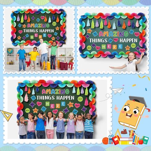 Qilery 86 Pcs Classroom Bulletin Board Decoration Amazing Things Happen Here Bulletin Board Cutouts Paper Fans Garlands Tassel Motivational Decor for School Preschool Elementary Chalkboard Wall Door in Saudi Arabia