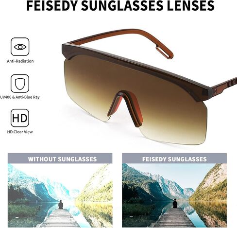 FEISEDY Square Flat Top Shield Oversize One-Piece Half-Rimless Sunglasses for Men Women B2766 in Saudi Arabia