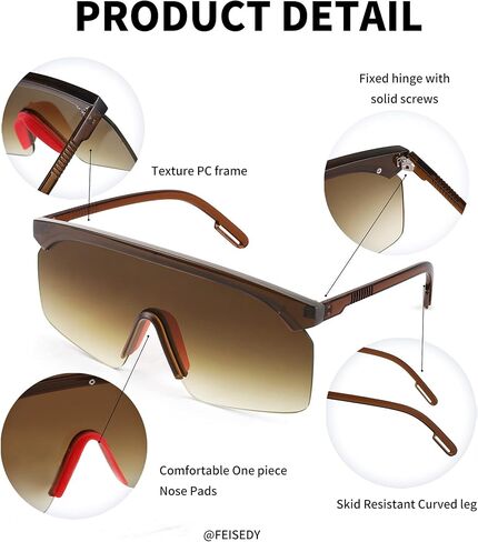 FEISEDY Square Flat Top Shield Oversize One-Piece Half-Rimless Sunglasses for Men Women B2766 in Saudi Arabia