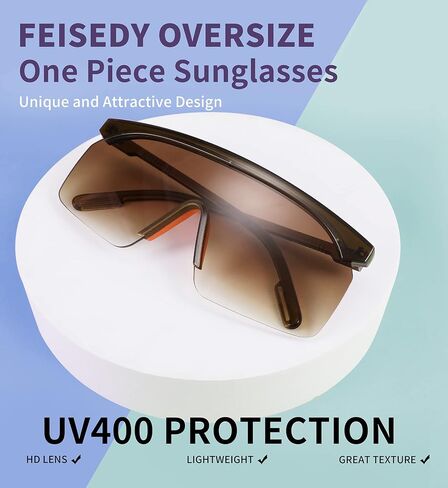 FEISEDY Square Flat Top Shield Oversize One-Piece Half-Rimless Sunglasses for Men Women B2766 in Saudi Arabia