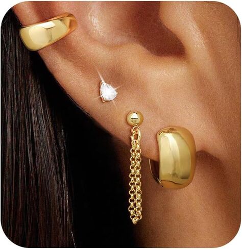 Gold Stud Hoop Earrings for Women, Dainty 14K Gold Plated Cartilage Earrings Hypoallergenic Trendy Ear Cuffs Chain Earrings Fashion Jewelry Set for Women Gifts in Saudi Arabia