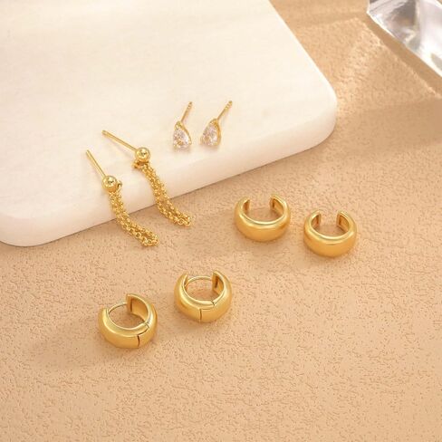 Gold Stud Hoop Earrings for Women, Dainty 14K Gold Plated Cartilage Earrings Hypoallergenic Trendy Ear Cuffs Chain Earrings Fashion Jewelry Set for Women Gifts in Saudi Arabia
