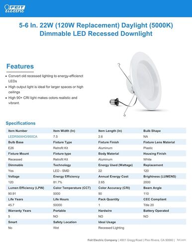 Feit Electric 5 Inch or 6 Inch LED Recessed Lighting Retrofit Downlights, 120 Watt Equivalent High Output, 2000 Lumen 5000K Daylight, Dimmable, 6 Pack LEDR56XHO/950CA/6 in Saudi Arabia