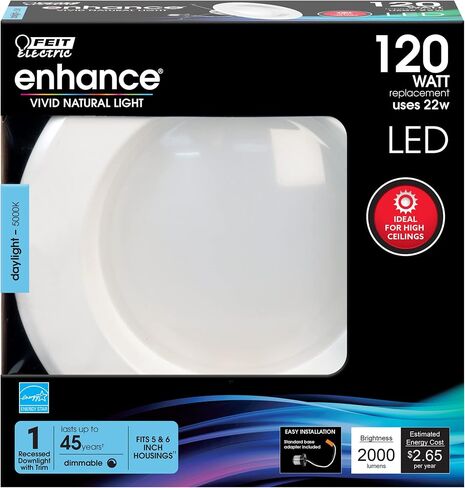Feit Electric 5 Inch or 6 Inch LED Recessed Lighting Retrofit Downlights, 120 Watt Equivalent High Output, 2000 Lumen 5000K Daylight, Dimmable, 6 Pack LEDR56XHO/950CA/6 in Saudi Arabia