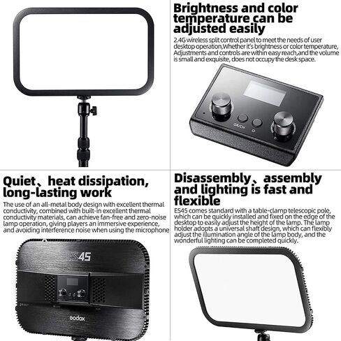 Godox ES45 E-Sports LED Light، CRI≥96/TLCI≥97،2800K-6500K وحدة تحكم عن بعد قابلة للفصل مع تطبيق الهاتف الذكي/2.4G لاسلكي للرياضات الإلكترونية والبث المباشر والمكياج وتسجيل الفيديو in Kuwait