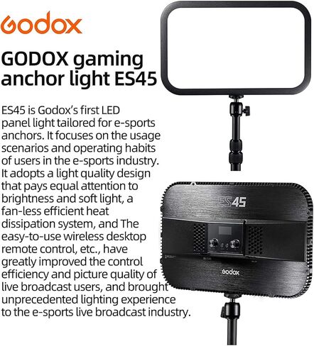 Godox ES45 E-Sports LED Light، CRI≥96/TLCI≥97،2800K-6500K وحدة تحكم عن بعد قابلة للفصل مع تطبيق الهاتف الذكي/2.4G لاسلكي للرياضات الإلكترونية والبث المباشر والمكياج وتسجيل الفيديو in Kuwait