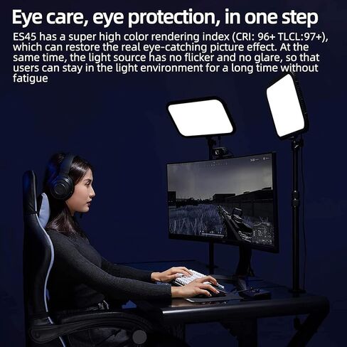 Godox ES45 E-Sports LED Light، CRI≥96/TLCI≥97،2800K-6500K وحدة تحكم عن بعد قابلة للفصل مع تطبيق الهاتف الذكي/2.4G لاسلكي للرياضات الإلكترونية والبث المباشر والمكياج وتسجيل الفيديو in Kuwait
