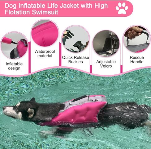 سترة نجاة للكلاب، سترة نجاة قابلة للنفخ للكلاب، سترة عائمة قابلة للتعديل، سترة نجاة عالية التعويم، سترة عائمة للكلاب للسباحة (وردي، صغير) in Kuwait