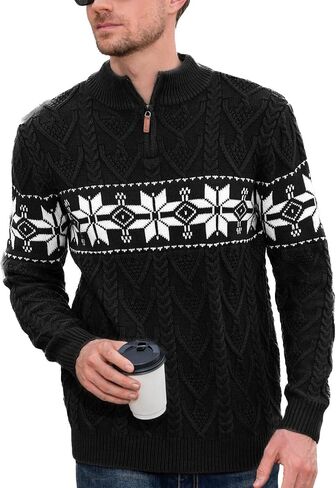 Makkrom Mens Quarter Zip Sweater Christmas Cable Knit Slim Fit Casual Mock Neck Polo Pullover Sweaters in Kuwait