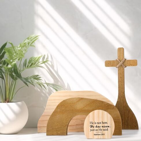 Easter Scene Wooden Decoration Religious Easter Resurrection Scene Set He Has Risen The Empty Tomb Easter Scene and Cross Statue Ornament for Christian Home Table Office Tabletop Decor in Saudi Arabia