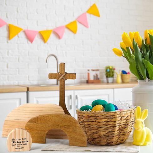 Easter Scene Wooden Decoration Religious Easter Resurrection Scene Set He Has Risen The Empty Tomb Easter Scene and Cross Statue Ornament for Christian Home Table Office Tabletop Decor in Saudi Arabia