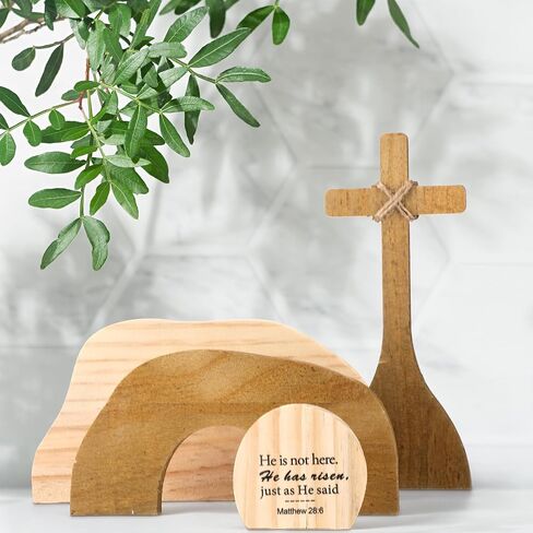 Easter Scene Wooden Decoration Religious Easter Resurrection Scene Set He Has Risen The Empty Tomb Easter Scene and Cross Statue Ornament for Christian Home Table Office Tabletop Decor in Saudi Arabia