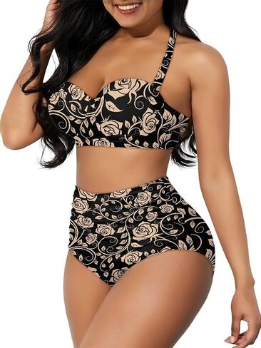 Floral Pattern Women Tummy Control High Waisted Bathing Suits Push Up Ruched Two-Piece Bikini Set in Saudi Arabia