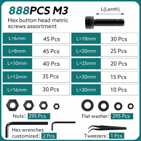 1773 Pcs M3 Screw Kit, M3 x 4-35MM Bolts and Nuts Assortment Metric Machine Screw Assortment 12.9&10.9 Alloy Steel Black Zinc Plated Hex Socket Button & Cap Head Screws in Saudi Arabia