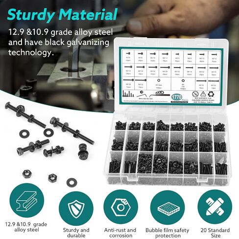 1773 Pcs M3 Screw Kit, M3 x 4-35MM Bolts and Nuts Assortment Metric Machine Screw Assortment 12.9&10.9 Alloy Steel Black Zinc Plated Hex Socket Button & Cap Head Screws in Saudi Arabia