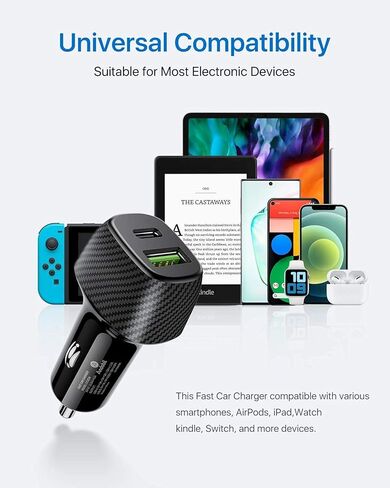 andobil 2024 شاحن سيارة USB C 38W محول سيارة ثنائي المنفذ [شحن سريع وQC 3.0] شاحن ولاعة سجائر، شاحن هاتف سيارة صغير متوافق مع iPhone 15 Pro Max Plus 14 Samsung Galaxy S23 iPad Pro in Kuwait