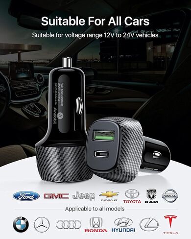 andobil 2024 شاحن سيارة USB C 38W محول سيارة ثنائي المنفذ [شحن سريع وQC 3.0] شاحن ولاعة سجائر، شاحن هاتف سيارة صغير متوافق مع iPhone 15 Pro Max Plus 14 Samsung Galaxy S23 iPad Pro in Kuwait