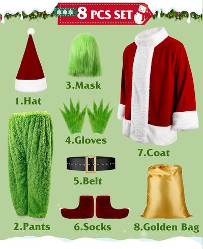 SHEJIZE عيد الميلاد زي الوحش الأخضر بدلة سانتا للبالغين زي سانتا زي سانتا مع قناع in Kuwait