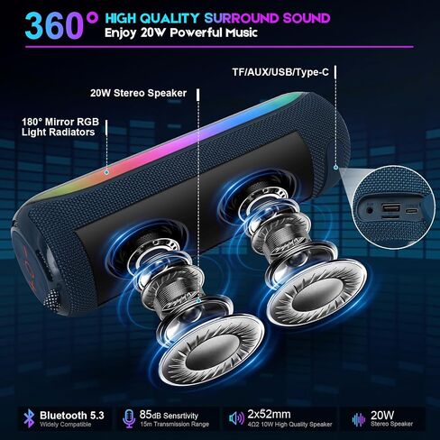 Bluetoooth Speaker, 20W Portable Wireless Speaker BT5.3, RGB Multi-Colors Rhythm Lights, TWS Pairing, 24H Playtime, IPX5 Waterproof supports FM Mode, TF, USB for Outdoor, Home, Party, Beach, Travel in Saudi Arabia