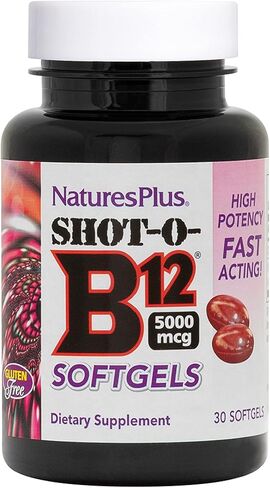 Natures Plus Shot-O-B12 (Cyanocobalamin) - 5000 mcg, 30 Softgels - High Potency, Fast Acting B12 Supplement - Memory & Energy Booster - Gluten-Free - 30 Servings in Saudi Arabia
