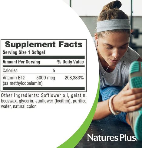Natures Plus Shot-O-B12 (Cyanocobalamin) - 5000 mcg, 30 Softgels - High Potency, Fast Acting B12 Supplement - Memory & Energy Booster - Gluten-Free - 30 Servings in Saudi Arabia
