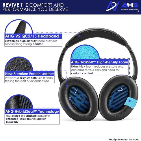 AHG Replacement QC15 Ear Pads & QC15 Headband Pad Compatible with Bose QuietComfort 15 (QC15) & QuietComfort 2 (QC2) Headphones - Soft, Great Comfort + Durability, Protein Leather (Black) in Kuwait