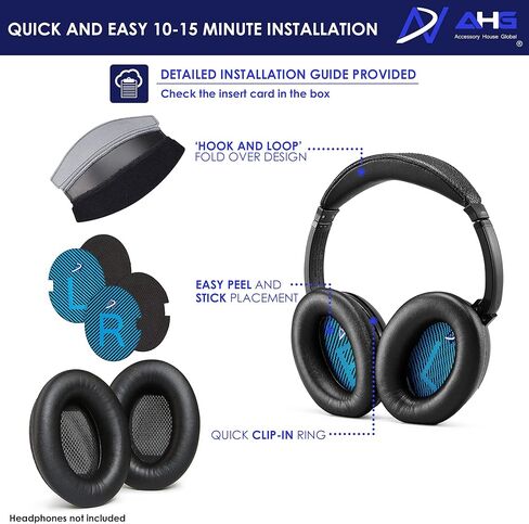 AHG Replacement QC15 Ear Pads & QC15 Headband Pad Compatible with Bose QuietComfort 15 (QC15) & QuietComfort 2 (QC2) Headphones - Soft, Great Comfort + Durability, Protein Leather (Black) in Kuwait