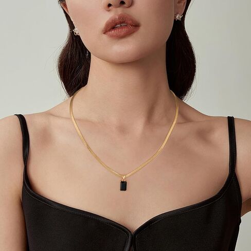 Lourny Diamond Pendant Gold Necklace for Women, 18K Gold Plated Dainty Cuban Snake Chain Necklace Gemstone Zircon Rectangle Pendant Choker Necklace Jewelry Gifts for Women in Saudi Arabia