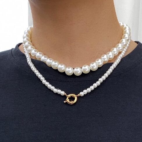 YERTTER Grunge Pearl Chain Choker Layered Faux Pearl Choker Necklace Baroque Pearl Gold Silver Statement Toggle Clasp Choker Necklace for Men in Saudi Arabia