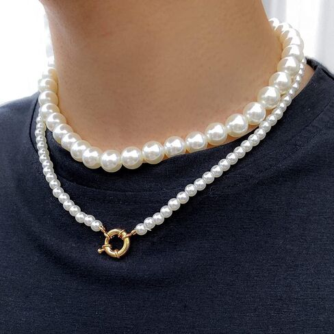 YERTTER Grunge Pearl Chain Choker Layered Faux Pearl Choker Necklace Baroque Pearl Gold Silver Statement Toggle Clasp Choker Necklace for Men in Saudi Arabia