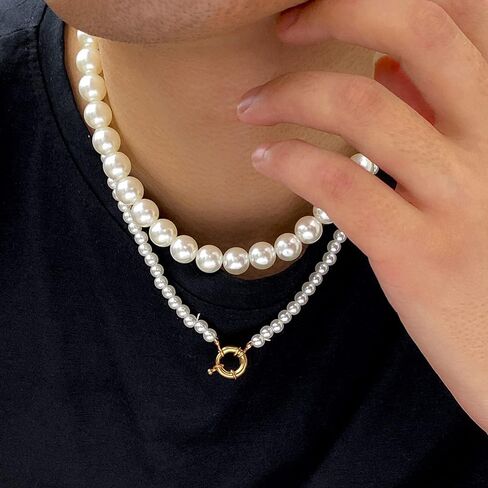YERTTER Grunge Pearl Chain Choker Layered Faux Pearl Choker Necklace Baroque Pearl Gold Silver Statement Toggle Clasp Choker Necklace for Men in Saudi Arabia