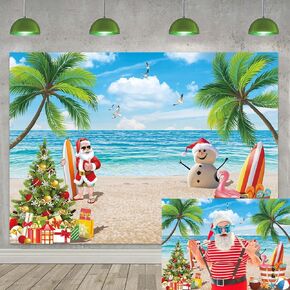 July Christmas Backdrop Banner 7X5FT Tropical Beach Christmas Photography Background Summer Hawaiian Santa Snowman Blue Sky Ocean Xmas Family Holiday Party Photo Backdrop 82x59inch