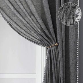 MISS SELECTEX Sheer Linen Curtains 72 Inches Length - Bordered Semi-Sheer Drapes Natural Textured Grommet Top Voile Window Curtains for Living Room and Boys Bedroom, Black, 52x72, Set of 2 Panels