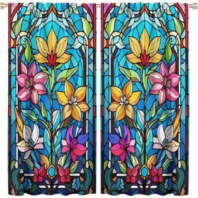 Vintage Stained Glass Curtains, Exotic Abstract Colorful Mosaic Style Fractal Geometric Pattern, Thermal Insulation Blackout Rod Pocket Window Treatments for Living Room Bedroom Bathroom 42x45 Inch