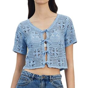 Women's Tie Front Bell Short Sleeve Cardigan Crop Top Crochet Knit V Neck Cover-up Tops