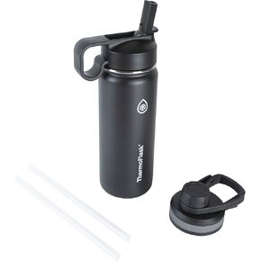 ThermoFlask 18 oz Double Wall Vacuum Insulated Stainless Steel Water Bottle with Spout and Straw Lids, Black
