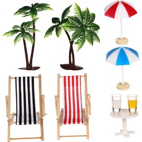 SAFIGLE 14 Pcs Miniature Beach Scene Decoration Set with Palm Trees, Umbrellas, and Deckchairs for Dollhouse, Fairy Garden, or Diy Crafts Dollhouse Plants 20pc Mixed Model Trees