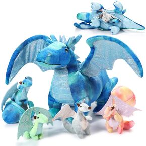Deekin 7 Pcs Dragon Toy Set 16 Inch Large Dragon Stuffed Animal with 4 Baby Plush and 2 Eggs in Mommy's Belly Dinosaur Plushies Gifts for Boys Girls Birthday Christmas(Cute Style)