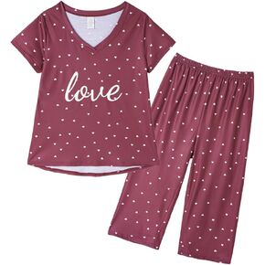 VENTELAN Women's Capri Pajama Sets Plus Size Sleepwear Top with Capri Pants 2 Piece Loungewear Set,XL