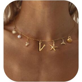 Ewrkbr Charm Initial Necklace for Women, 14K Gold Plated Summer Seashell Letter Necklace Boho Beach Starfish Initial Choker Necklace Chunky Gold Sun Bubble Letter Necklace Beach Gold Jewelry for Women