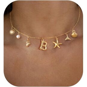 Ewrkbr Charm Initial Necklace for Women, 14K Gold Plated Summer Seashell Letter Necklace Boho Beach Starfish Initial Choker Necklace Chunky Gold Sun Bubble Letter Necklace Beach Gold Jewelry for Women