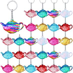 24 Pcs Girls Party Teapot Sequin Keychain Glitter Flip Sequin Keychain Tea Party Favors Reversible Teapot Key Chains for Kids Carnival Prizes Tea Time Girls Party Supplies Birthday Gifts, 8 Colors