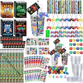177 Pcs Video Game Party Favors Drinking Cups Notebook Pencils Sharpener Keychain Slap Bracelets Ring Stamp DIY Sticker Tattoo Sticker Tag Twist Tie for Boy Kid Birthday Gamer Reward Gift