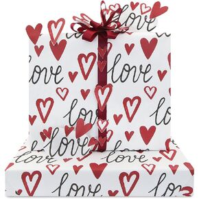 Valentine's Day Romantic Wrapping Paper Black Love And Red Hearts In Various Size On White Wrapping Paper Set of 4 Sheets With Wine Red Silk Ribbon for Wedding Anniversary Baby Shower Birthday Holiday