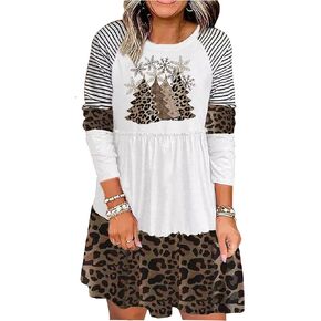Christmas Snowman Mini Dress for Women Color Block Long Sleeve Striped Ruffles Dresses Xmas Holiday Novelty Shirts Dress