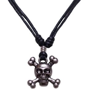 BlueRica Skull and Crossbones on Adjustable Black Cord Necklace (Old Silver Finish)