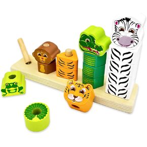 Big Discoveries Wild Stacker - Animal Block Stacking Puzzle for Ages 2 and Up | Durable Wooden Geometry Shape Toy with Flexible Safety Pegs and Pegboard - Fun Montessori Stack Toy for Toddlers
