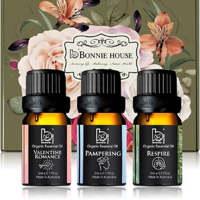 B BONNIE HOUSE Organic Essential Oil Blends (3 Pack Gift Set) - 100% Pure Aromatherapy Oil for Diffusers - Valentine Romance, Pampering, Respire with Ylang, Orange, Lavender, Peppermint, Ravensara