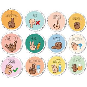 12Pcs Boho Classroom Hand Signals Posters Pastel Teachers Sign Language Cutout for School Classroom Learning Bulletin Board Decor